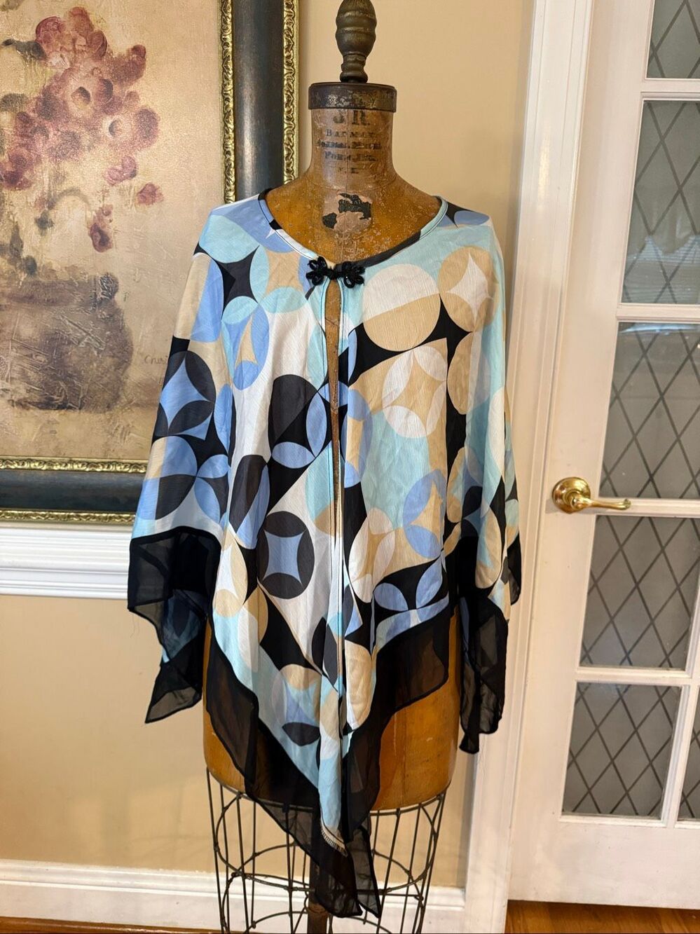 Vintage R&M Richards Sheer Geometric Print Evening Poncho Cape Shawl